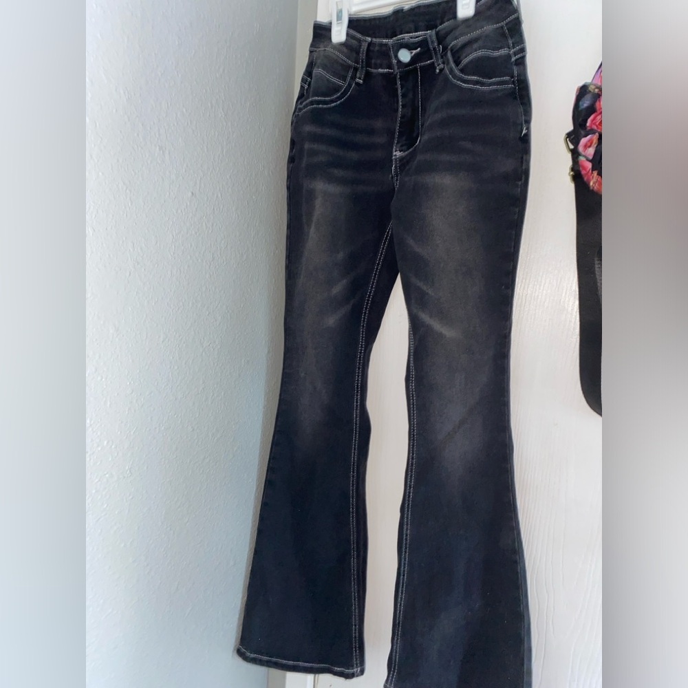 SHEIN Women's Bell-Bottoms Denim Pants With Washed Effect And Angled Pockets